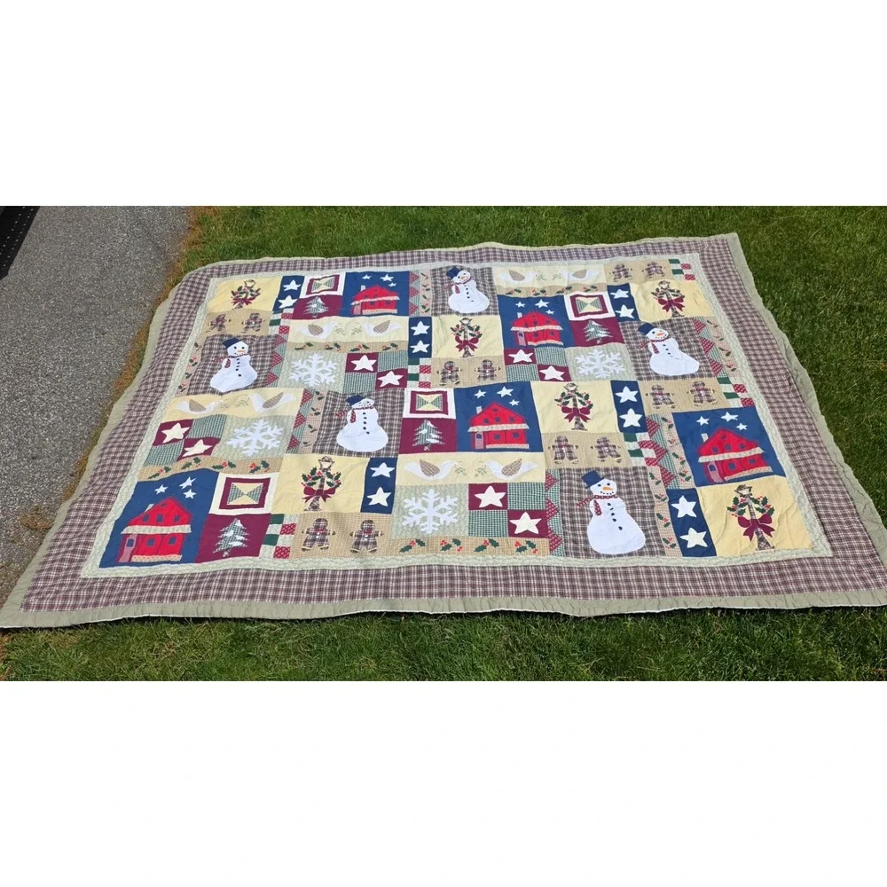 Vintage Christmas Patchwork Quilt Snowman Gingerbread‎ Red Barn Winter 78x90